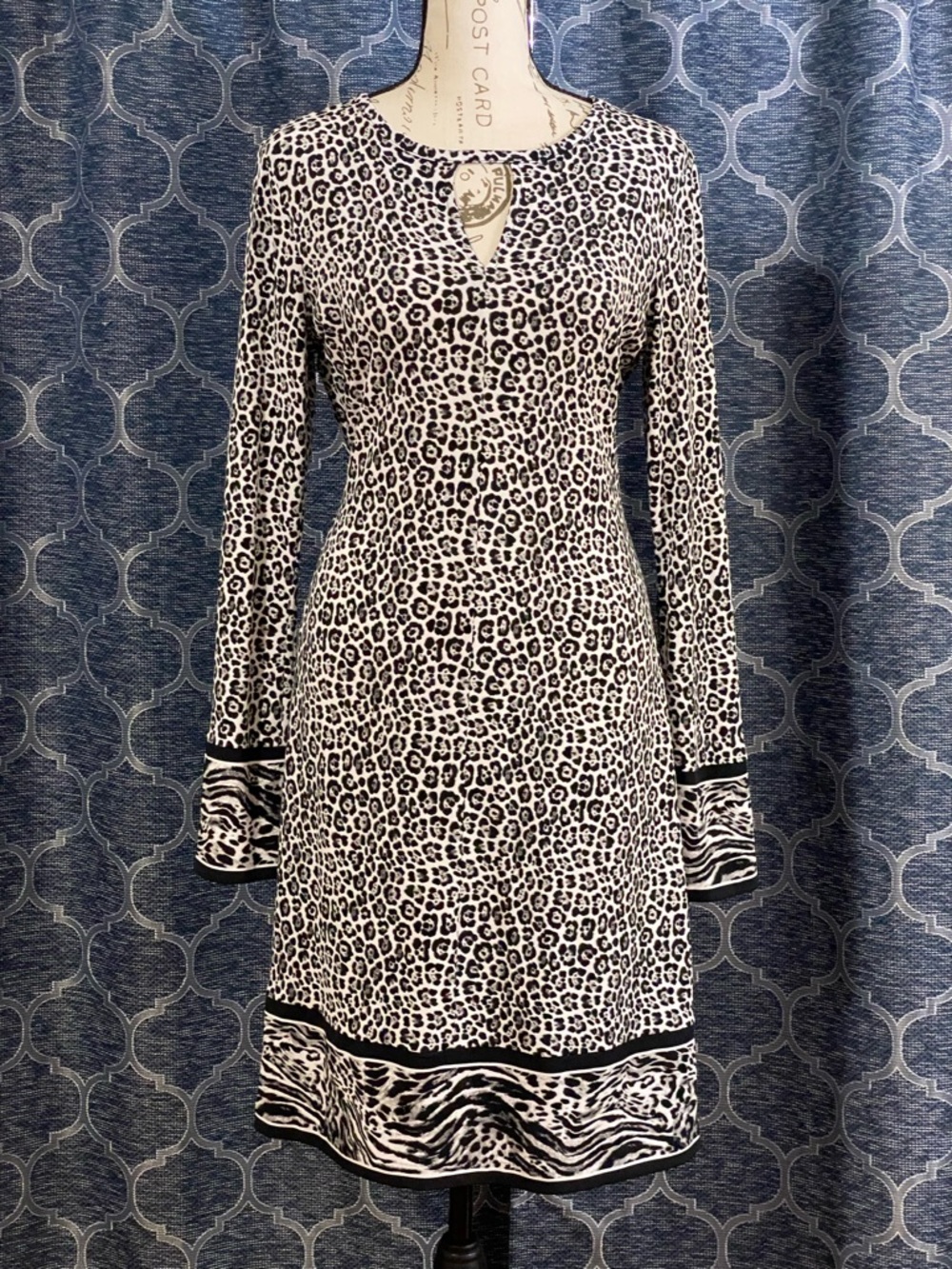 Michael Kors Black and White Leopard Print Long Sleeve Dress